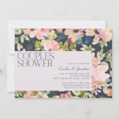 Invitation Baptême de couple floral aquarelle bleu marine mod (Devant)