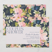 Invitation Baptême de couple floral aquarelle bleu marine mod (Devant / Derrière)