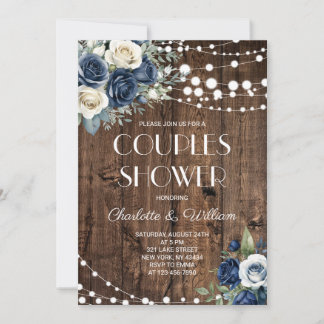 Invitation Baptême de Couple Floral Bleu Marine Rustique