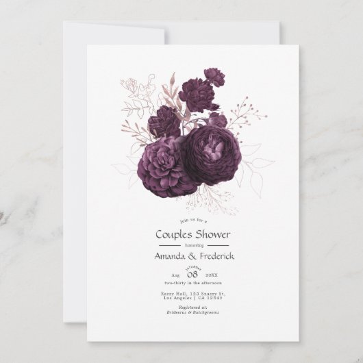 Invitation Baptême de couple floral violet foncé et or rose (Devant)