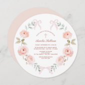 Invitation Baptême de couronne rose florale (Devant / Derrière)