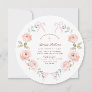 Invitation Baptême de couronne rose florale