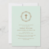 Invitation Baptême de couronnes de croix classique verte (Devant)