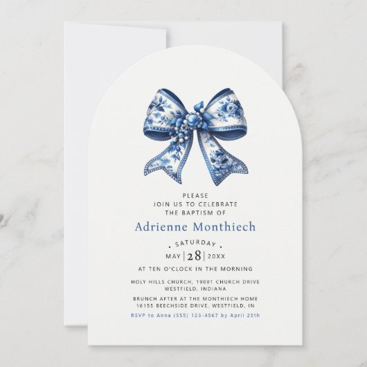 Invitation Baptême de crème élégante Bleu & Blanc Floral Bow (Devant)