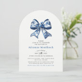 Invitation Baptême de crème élégante Bleu & Blanc Floral Bow (Debout devant)