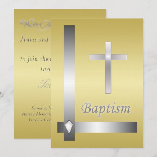 Invitation Baptême de Croix d'argent élégant (Devant / Derrière)