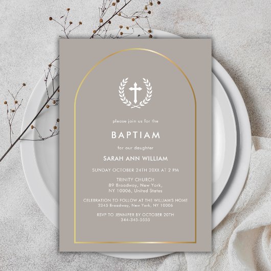 Invitation Baptême de croix de couronne d'or neutre et élégan