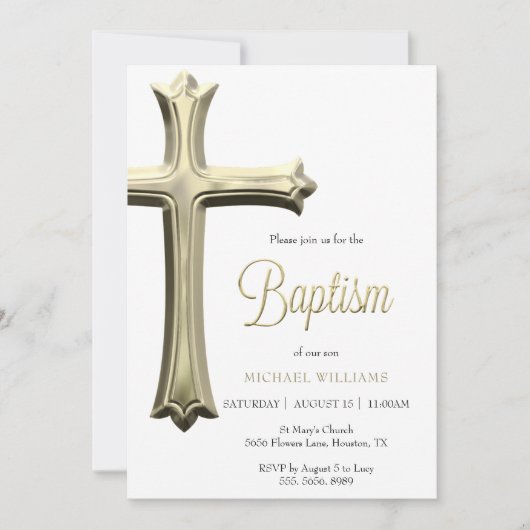 Invitation Baptême de croix d'or classique (Devant)