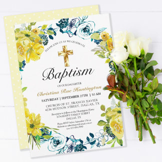 Invitation Baptême de Croix d'or jaune joli