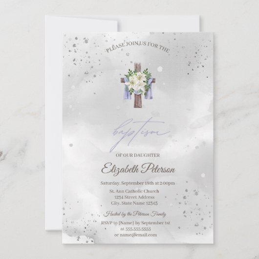 Invitation Baptême de croix florale (Devant)