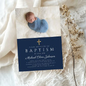 Invitation Baptême de croix religieuse Bleu élégant Boy Photo