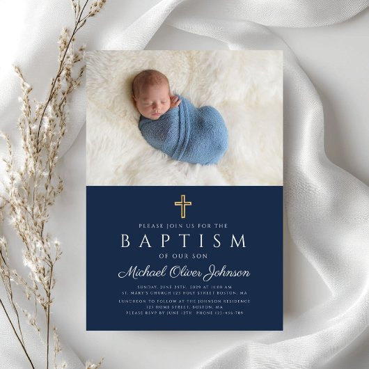 Invitation Baptême de croix religieuse Bleu élégant Boy Photo