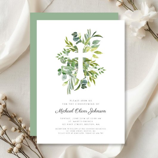 Invitation Baptême de croix religieuse moderne de verdure