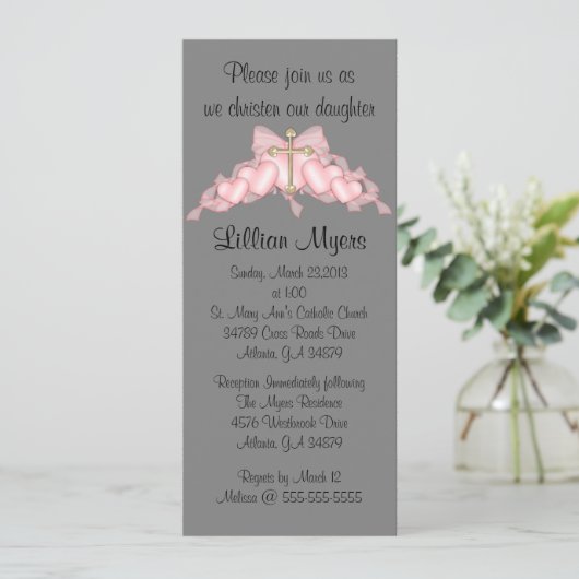 Invitation Baptême de croix rose chic (Debout devant)