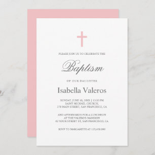 Invitation Baptême de croix rose simple et élégant