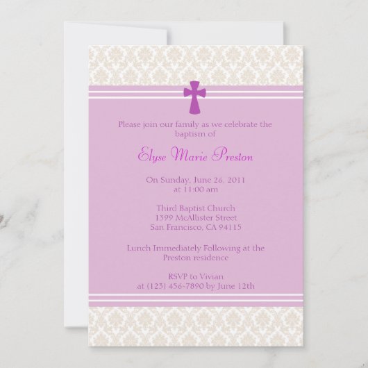 Invitation Baptême de damassé/invitation roses de baptême (Devant)