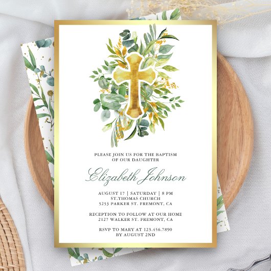 Invitation Baptême de feuillage doré eucalyptus rustique