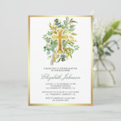 Invitation Baptême de feuillage doré eucalyptus rustique (Debout devant)