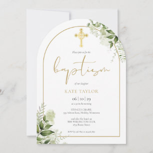 Invitation Baptême de feuillage floral de verdure d'arche dor