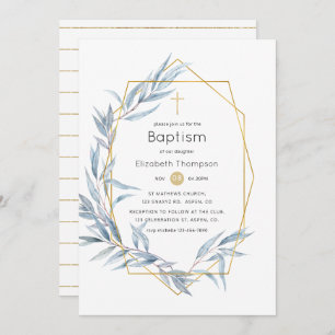 Invitation Baptême de feuille d'eucalyptus géométrique bleu e