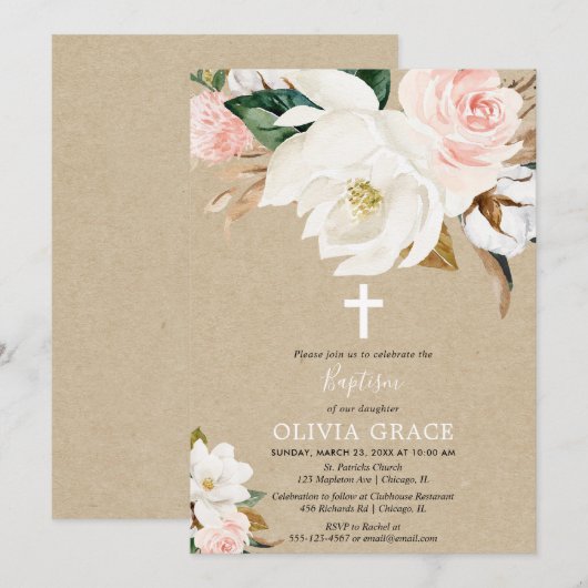 Invitation Baptême de fille à fleurs blanches rousses (Devant / Derrière)