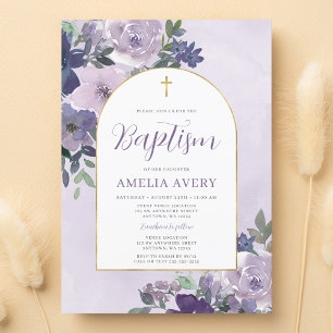 Invitation Baptême de fille à l'arche dorée florale violette