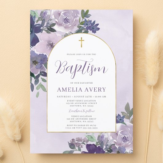 Invitation Baptême de fille à l'arche dorée florale violette