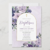 Invitation Baptême de fille à l'arche dorée florale violette (Devant)