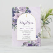 Invitation Baptême de fille à l'arche dorée florale violette (Debout devant)