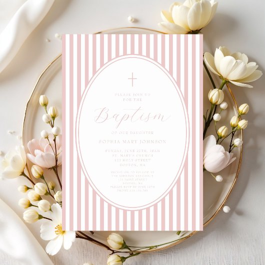 Invitation Baptême de fille au script rose élégant