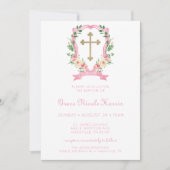 Invitation Baptême de fille aux fleurs roses (Devant)