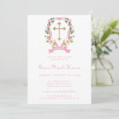 Invitation Baptême de fille aux fleurs roses (Debout devant)