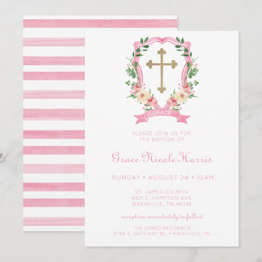 Invitation Baptême de fille aux fleurs roses (Devant / Derrière)