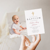 Invitation Baptême de fille avec croix de script rose moderne