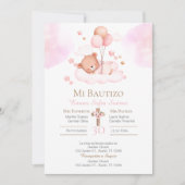 Invitation Baptême de fille avec un ours rose et des ballons (Devant)