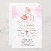 Invitation Baptême de fille avec un ours rose et des ballons (Devant / Derrière)