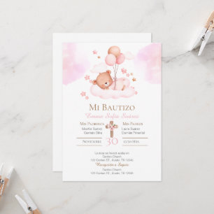 Invitation Baptême de fille avec un ours rose et des ballons