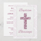 Invitation Baptême de fille Bénédiction Croix rose Fils de Da (Devant / Derrière)