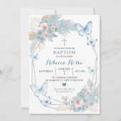 Invitation Baptême de fille Bleu Papillon rose et Boho Bleu (Devant)