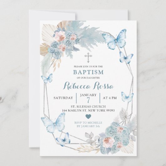 Invitation Baptême de fille Bleu Papillon rose et Boho Bleu (Devant)