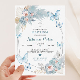 Invitation Baptême de fille Bleu Papillon rose et Boho Bleu