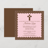 Invitation Baptême de fille Brown et rose (Devant / Derrière)