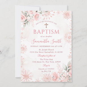 Invitation Baptême de fille Croix Florale d'Hiver Rose Gold R