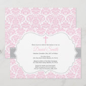 Invitation Baptême de fille Damas rose et gris (Devant / Derrière)