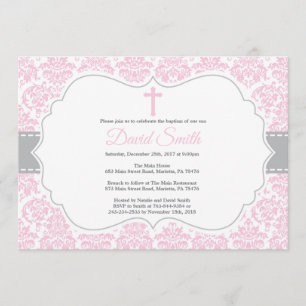 Invitation Baptême de fille Damas rose et gris