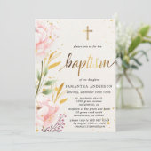 Invitation Baptême De Fille D'Aquarelle Or Et Rose (Debout devant)