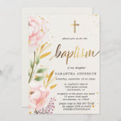 Invitation Baptême De Fille D'Aquarelle Or Et Rose (Devant / Derrière)