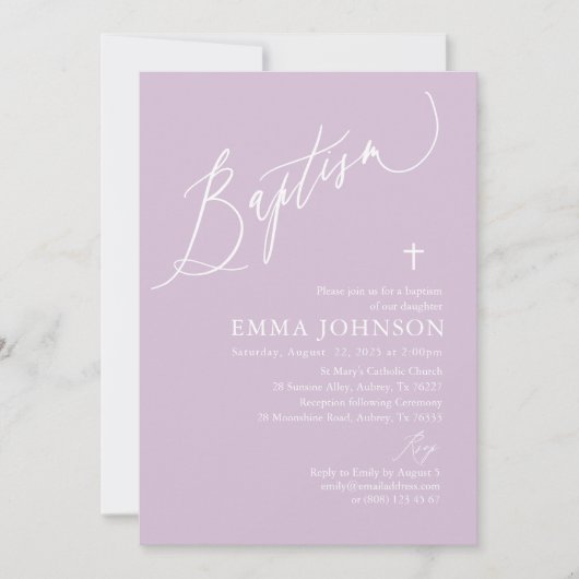 Invitation Baptême de fille de Croix Blanche viole (Devant)