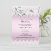 Invitation Baptême de fille de croix de cor rose e (Debout devant)