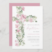 Invitation Baptême de fille de croix florale rose (Devant / Derrière)